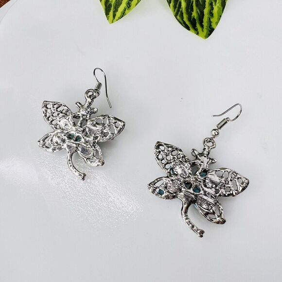 Dragonfly Teal Blue Faux Turquoise Rhinestone Silver Tone Dangle Drop Earrings - Picture 5 of 7
